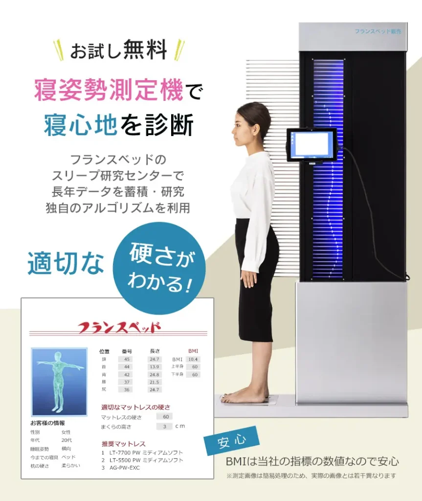 フランスベッド 寝姿勢測定機で寝心地を見つけてみよう 自分に合う硬さ マットレス探し 柔らかさを測定 無料