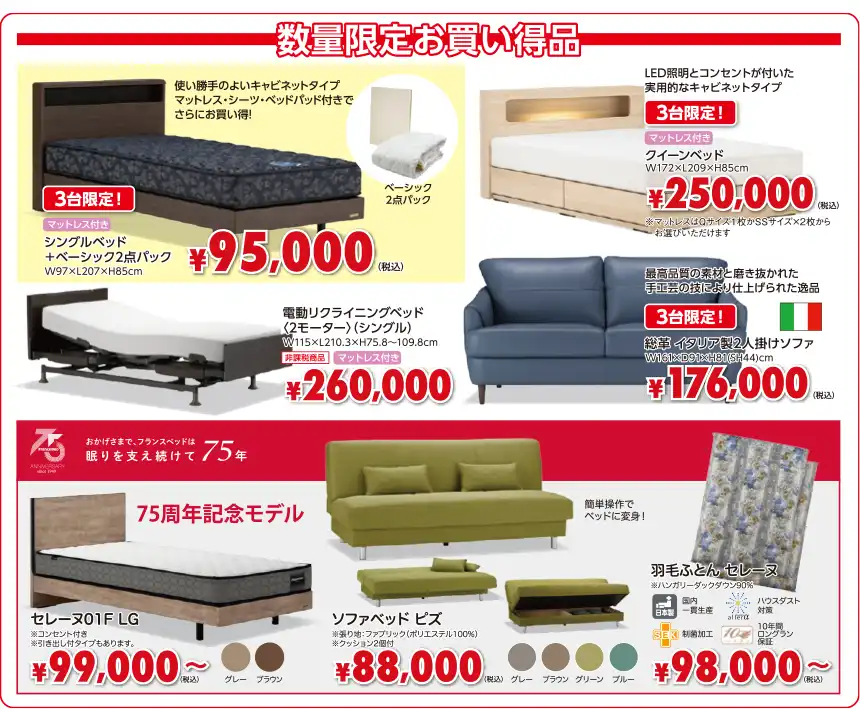フランスベッド 日本橋 東京駅 TODAホール&カンファレンス東京 大感謝祭 セール 2日間だけのお買得商品 75周年記念モデル ベッド ソファ ソファベッド 羽毛ふとん