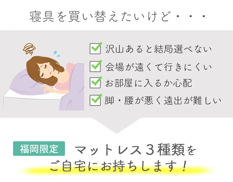 マットレスを買い替えたい　悩み　会場が遠い　部屋に入るか心配　足腰が悪く遠出が難しい　出張