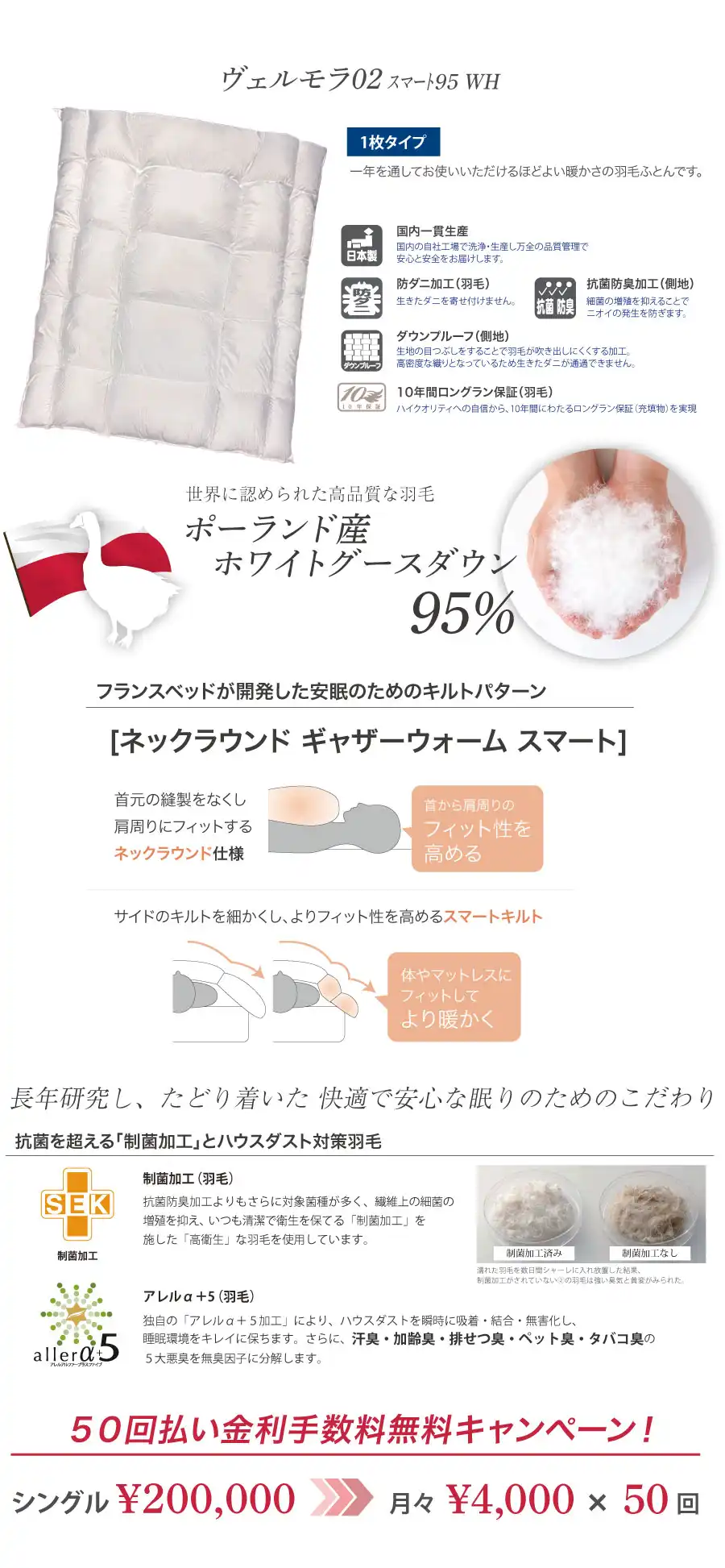 羽毛布団　ヴェルモラ　50回払い金利手数料無料キャンペーン　ポーランド産マザーグースダウン　制菌加工　ハウスダスト対策　肩回りにフィットする「ネックラウンドギャザーウォームスマート」